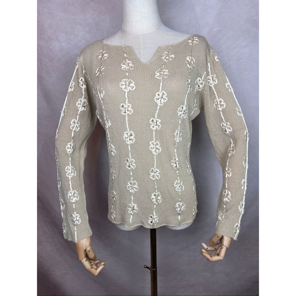 Vintage 1990s Knit Top Floral Embellishments Boho Whimsical Fairy Renaissance